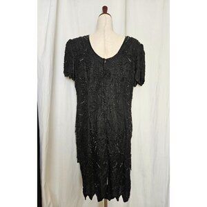 Stenay Black Silk Beaded Layered Art Deco Cocktail Party Dress